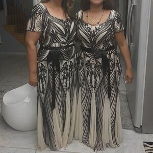 Elegant Black and Cream Dress with Leaf Pattern